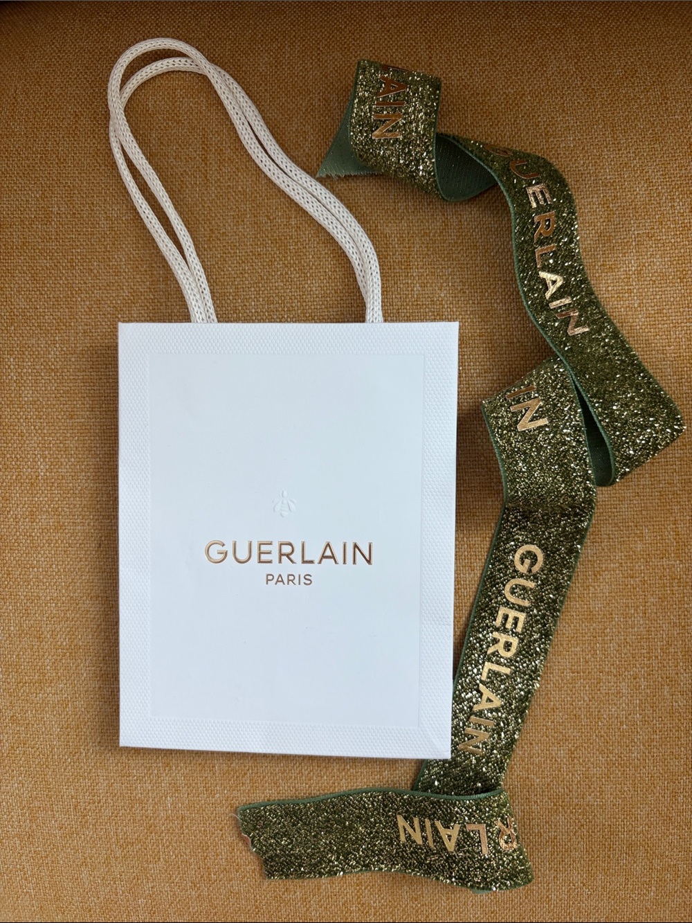 GUERLAIN White Gift Bag with Gold Logo and Olive Green Ribbon